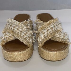 Sally Beach Women's Boho Woven Platform Heels- Cream